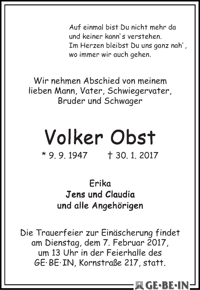 Traueranzeige von Volker Obst von WESER-KURIER