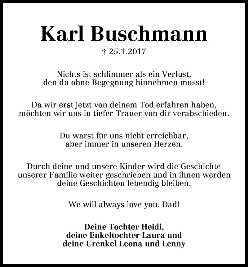  Traueranzeige für Karl Buschmann vom 25.02.2017 aus Osterholzer Kreisblatt