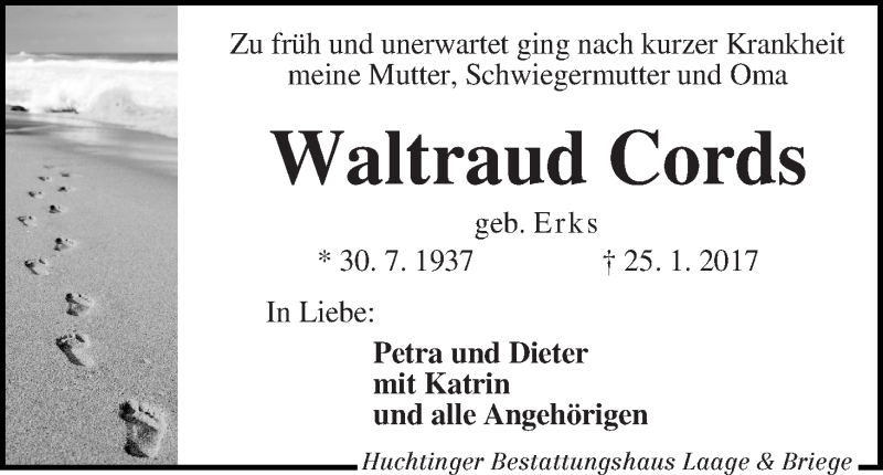  Traueranzeige für Waltraud Cords vom 11.02.2017 aus WESER-KURIER