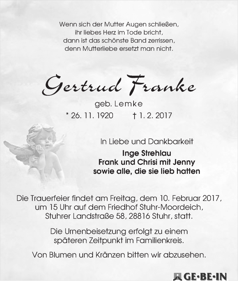 Traueranzeige von Gertrud Franke von WESER-KURIER