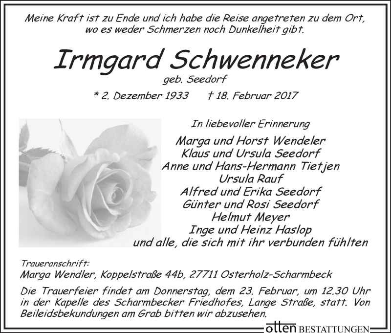 Traueranzeige von Irmgard Schwenneker von Osterholzer Kreisblatt
