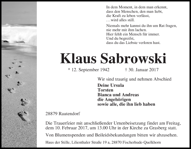  Traueranzeige für Klaus Sabrowski vom 04.02.2017 aus Wuemme Zeitung