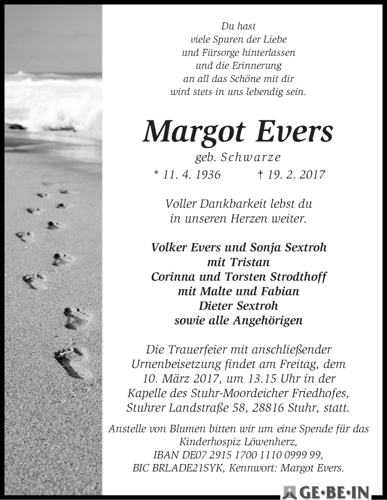 Traueranzeige von Margot Evers von WESER-KURIER