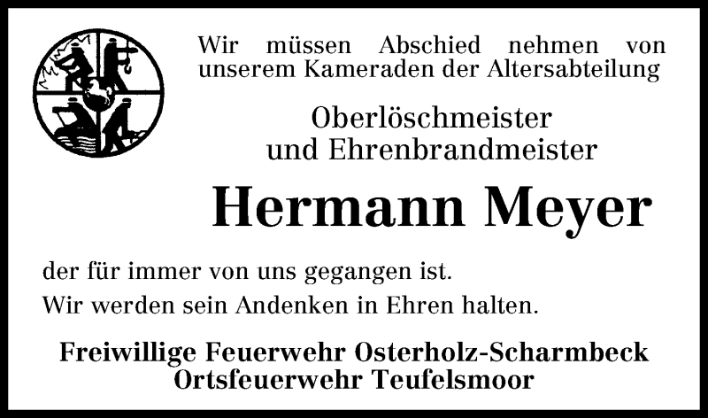 Traueranzeige von Hermann Meyer von Osterholzer Kreisblatt