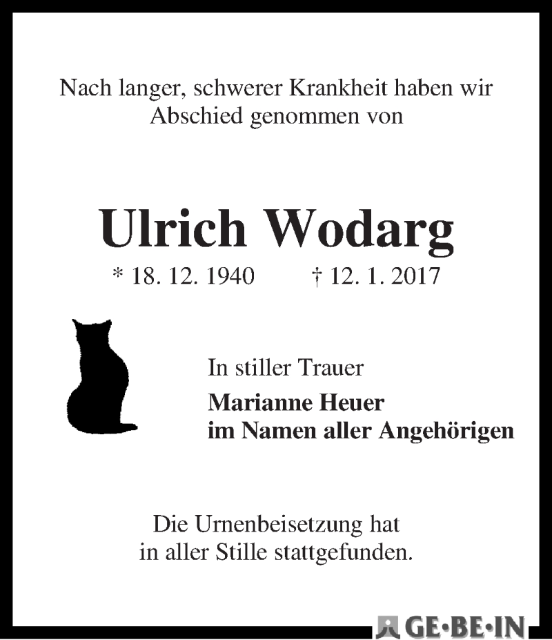Traueranzeige von Ulrich Wodarg von WESER-KURIER