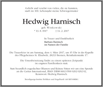 Traueranzeige von Hedwig Harnisch