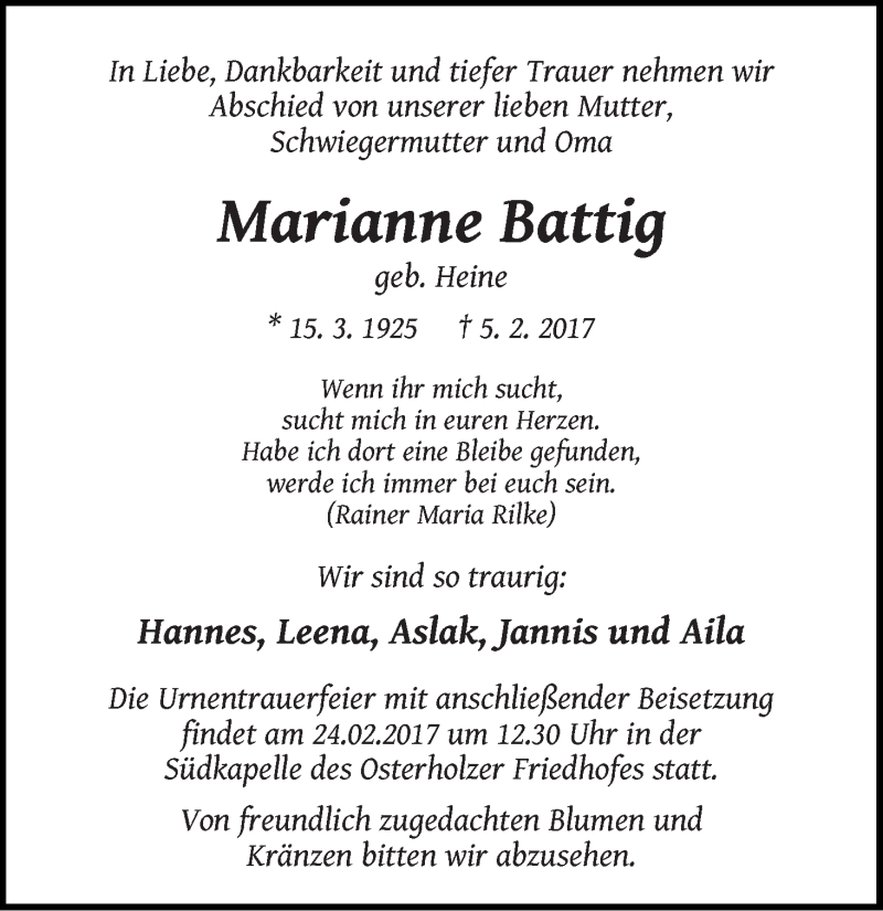 Traueranzeige von Marianne Battig von WESER-KURIER