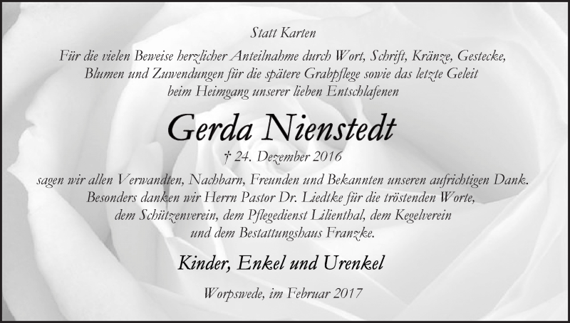Traueranzeige von Gerda Nienstedt von Wuemme Zeitung