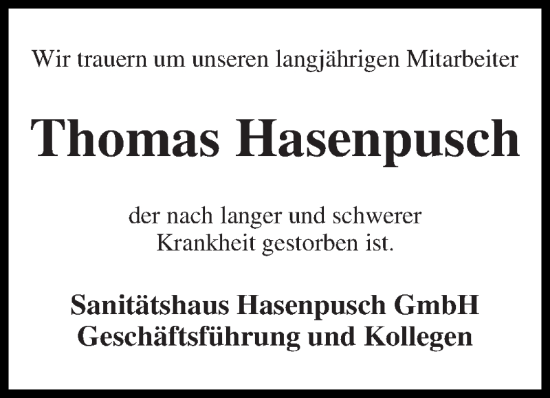 Traueranzeige von Thomas Hasenpusch von WESER-KURIER