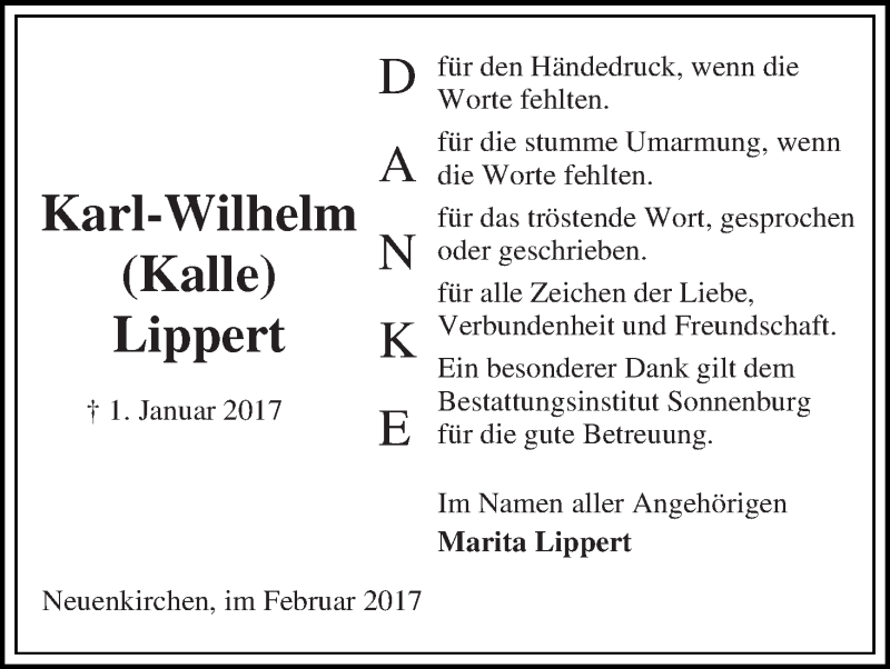 Traueranzeige von Karl-Wilhelm (Kalle) Lippert von Die Norddeutsche