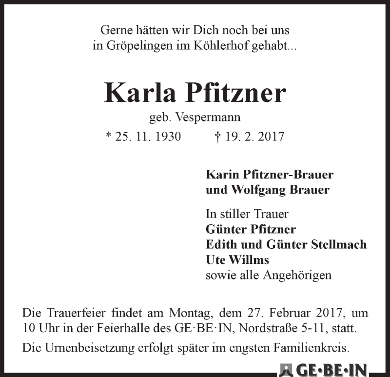 Traueranzeige von Karla Pfitzner von WESER-KURIER
