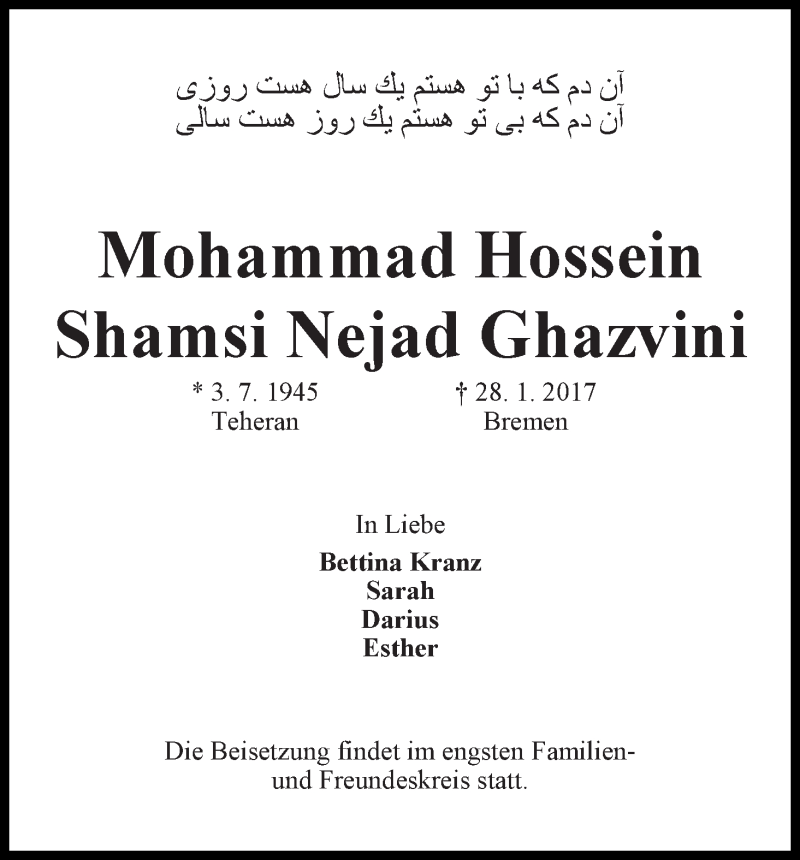  Traueranzeige für Mohammad Hossein Shamsi Nejad Ghazvini vom 04.02.2017 aus Die Norddeutsche
