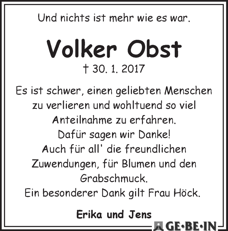 Traueranzeige von Volker Obst von WESER-KURIER