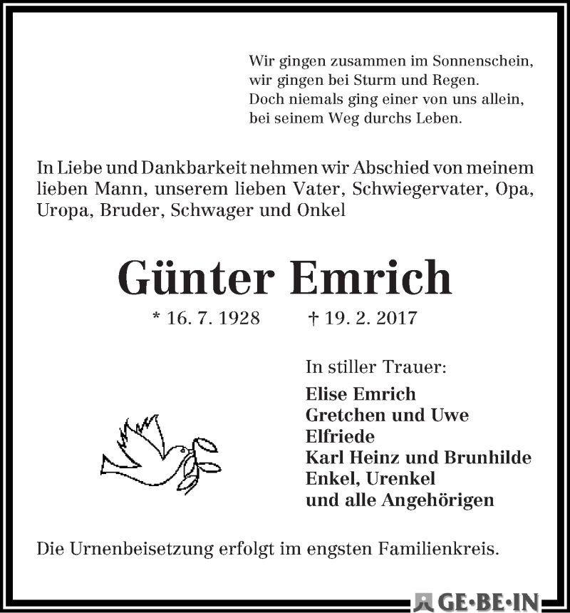 Traueranzeige von Günter Emrich von WESER-KURIER