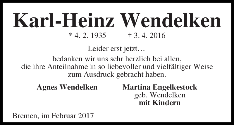 Traueranzeige von Karl-Heinz Wendelken von WESER-KURIER