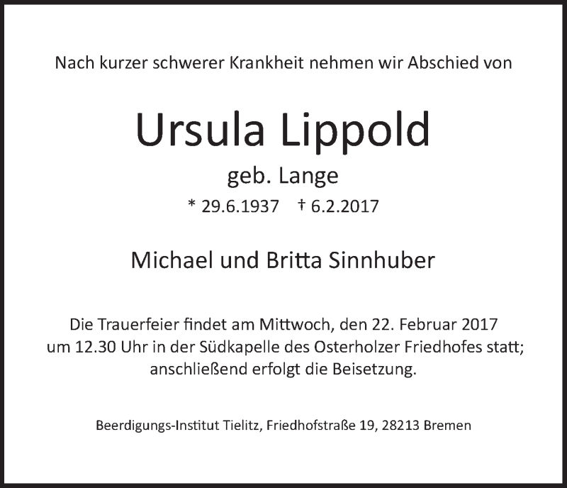 Traueranzeige von Ursula Lippold von WESER-KURIER