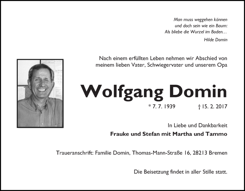  Traueranzeige für Wolfgang Domin vom 18.02.2017 aus WESER-KURIER