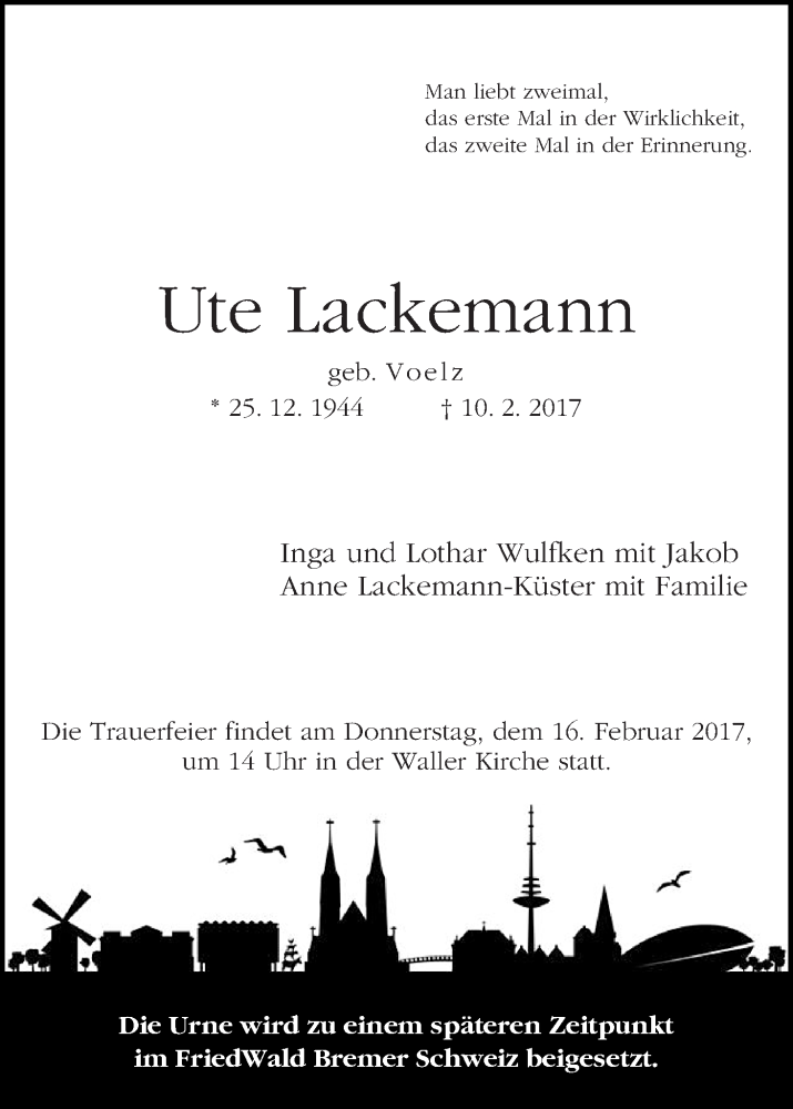Traueranzeige von Ute Lackemann von WESER-KURIER