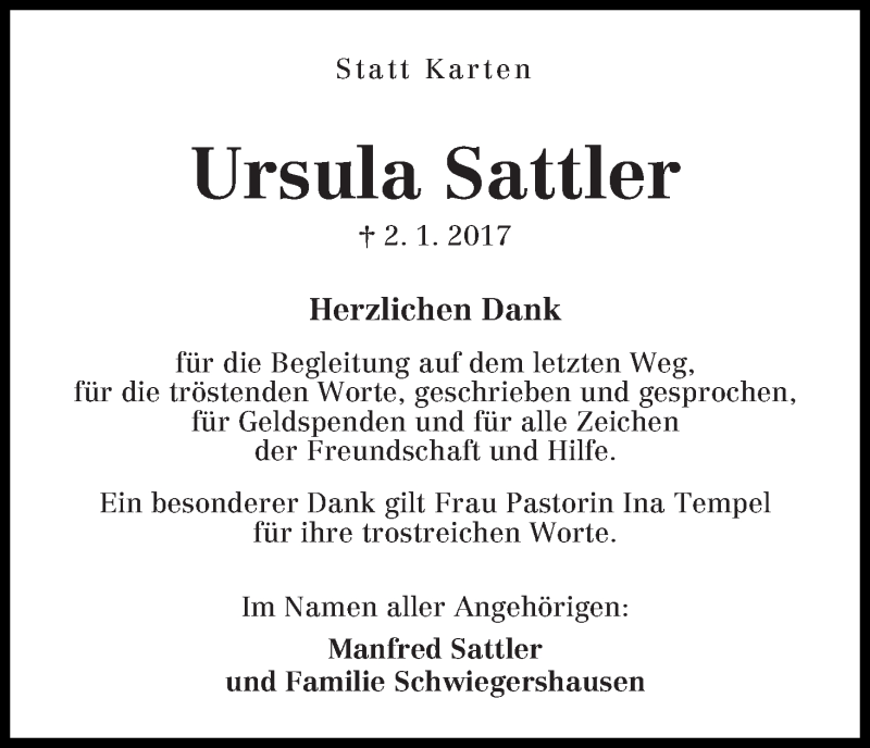 Traueranzeige von Ursula Sattler von Die Norddeutsche