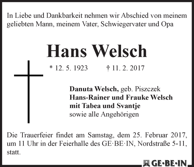 Traueranzeige von Hans Welsch von WESER-KURIER
