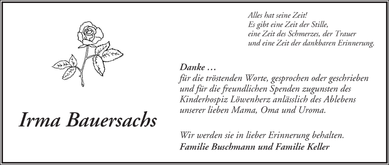 Traueranzeige von Irma Bauersachs von WESER-KURIER