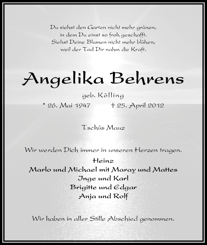  Traueranzeige für Angelika Behrens vom 19.05.2012 aus WESER-KURIER