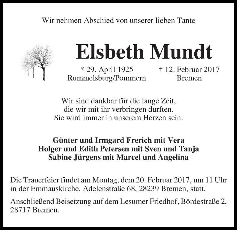  Traueranzeige für Elsbeth Mundt vom 15.02.2017 aus WESER-KURIER