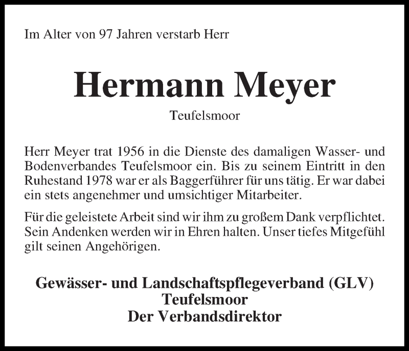 Traueranzeige von Hermann Meyer von Osterholzer Kreisblatt