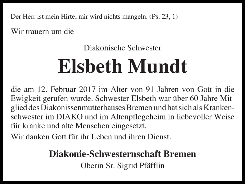  Traueranzeige für Elsbeth Mundt vom 18.02.2017 aus WESER-KURIER