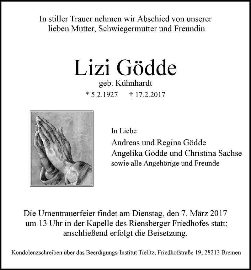 Traueranzeige von Lizi Gödde von WESER-KURIER