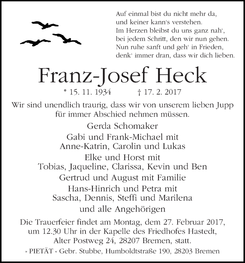 Traueranzeige von Franz-Josef Heck von WESER-KURIER