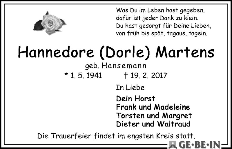 Traueranzeige von Hannedore Martens von WESER-KURIER