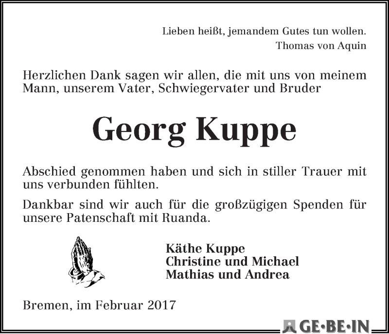 Traueranzeige von Georg Kuppe von WESER-KURIER