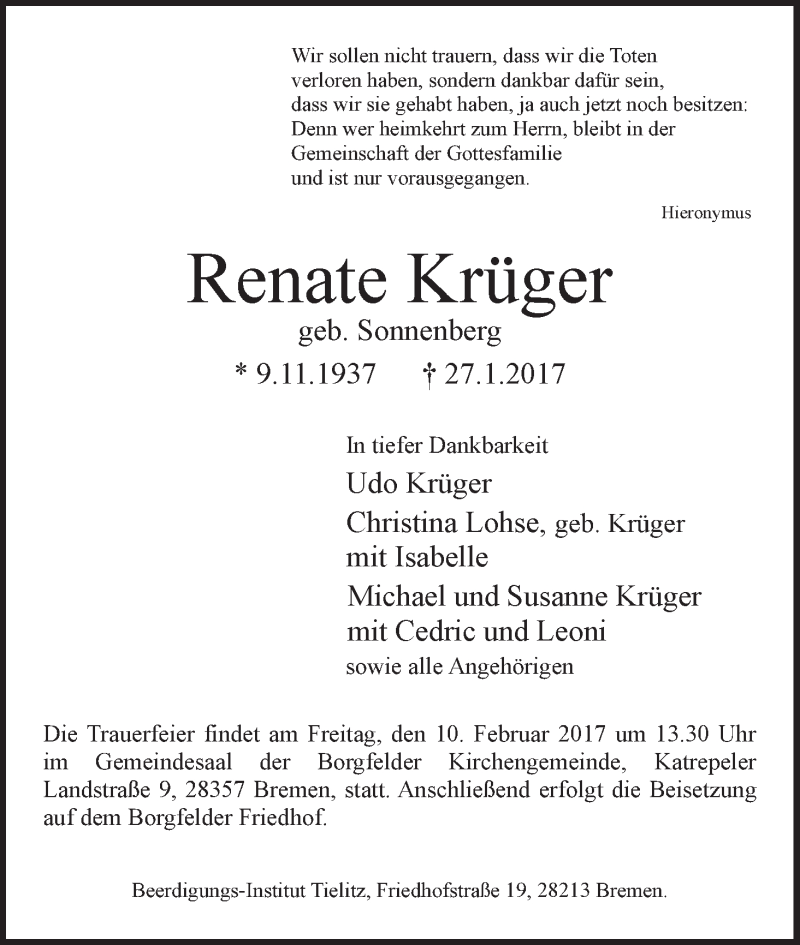 Traueranzeige von Renate Küger von WESER-KURIER
