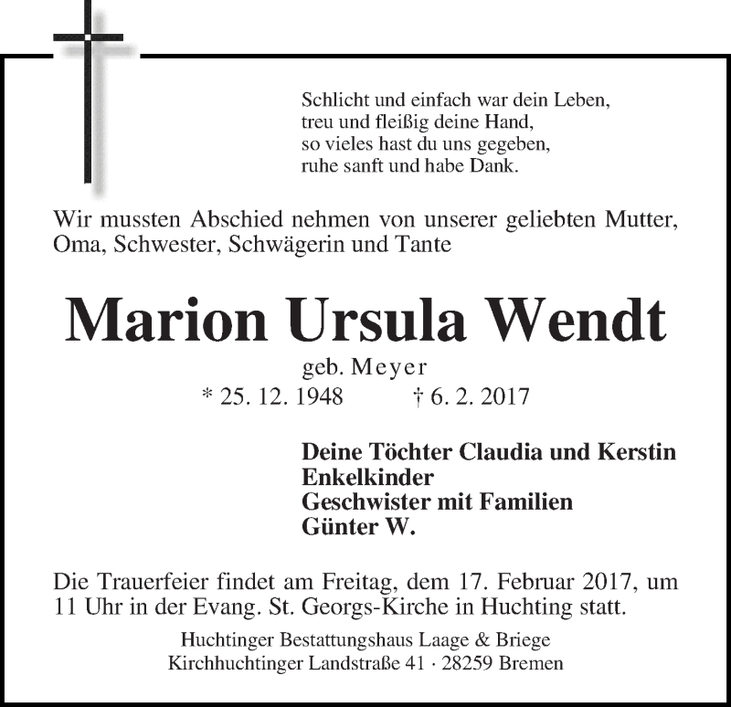  Traueranzeige für Marion Ursula Wendt vom 11.02.2017 aus WESER-KURIER