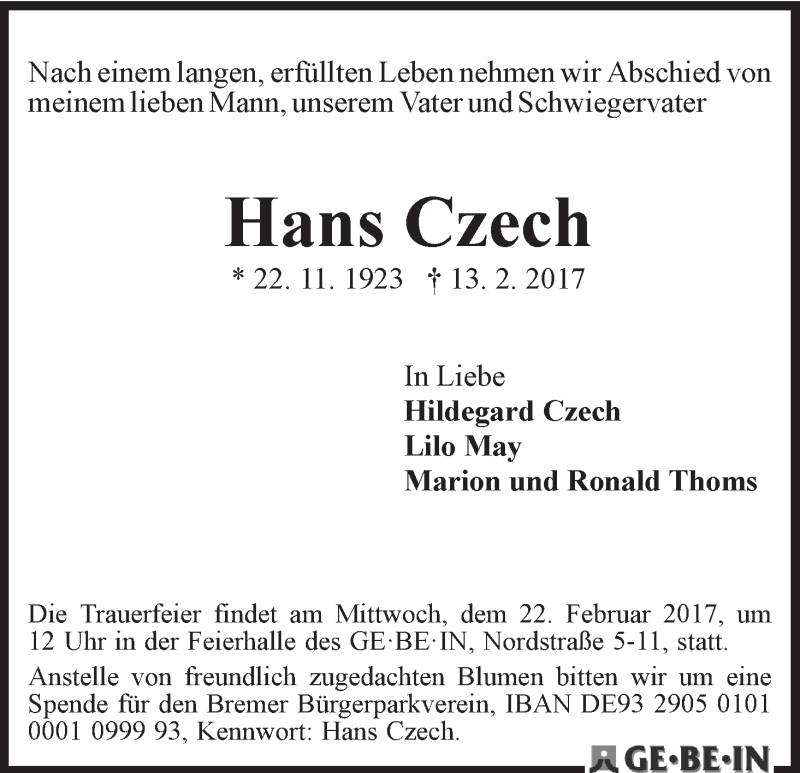 Traueranzeige von Hans Czech von WESER-KURIER