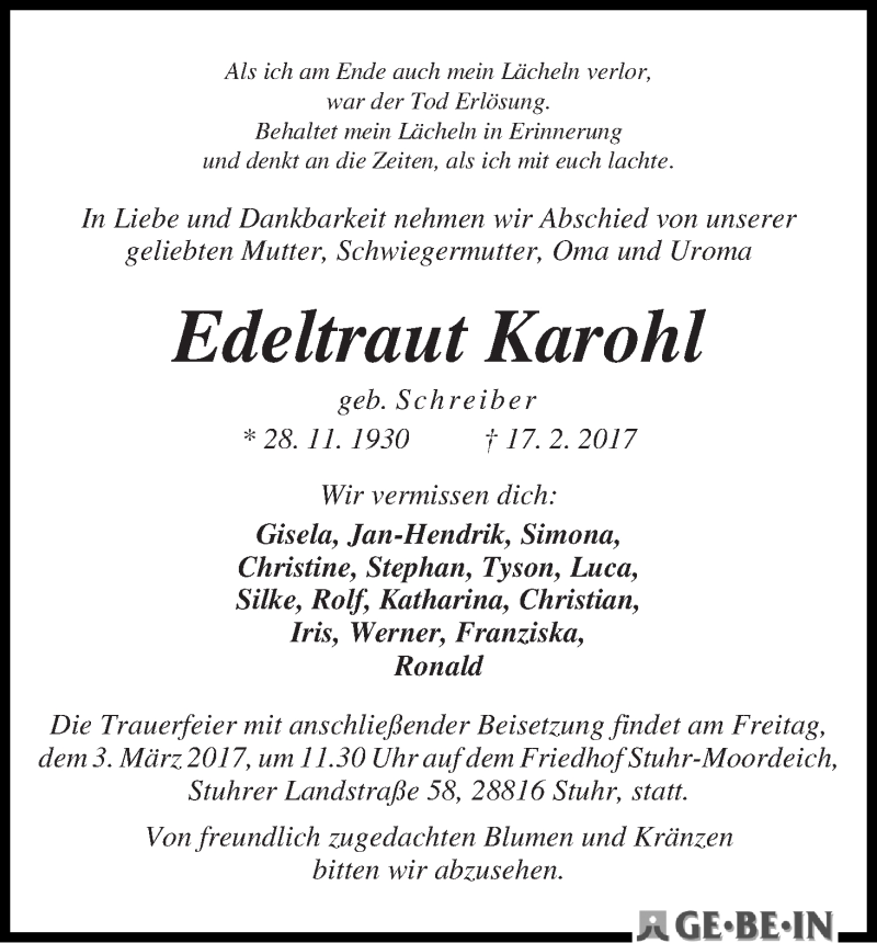 Traueranzeige von Edeltraut Karohl von WESER-KURIER