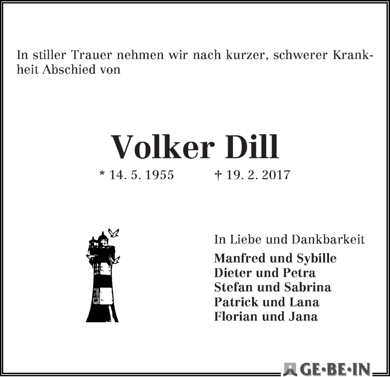 Traueranzeige von Volker Dill von WESER-KURIER