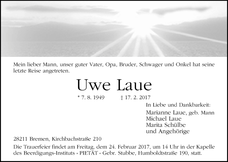 Traueranzeige von Uwe Laue von WESER-KURIER