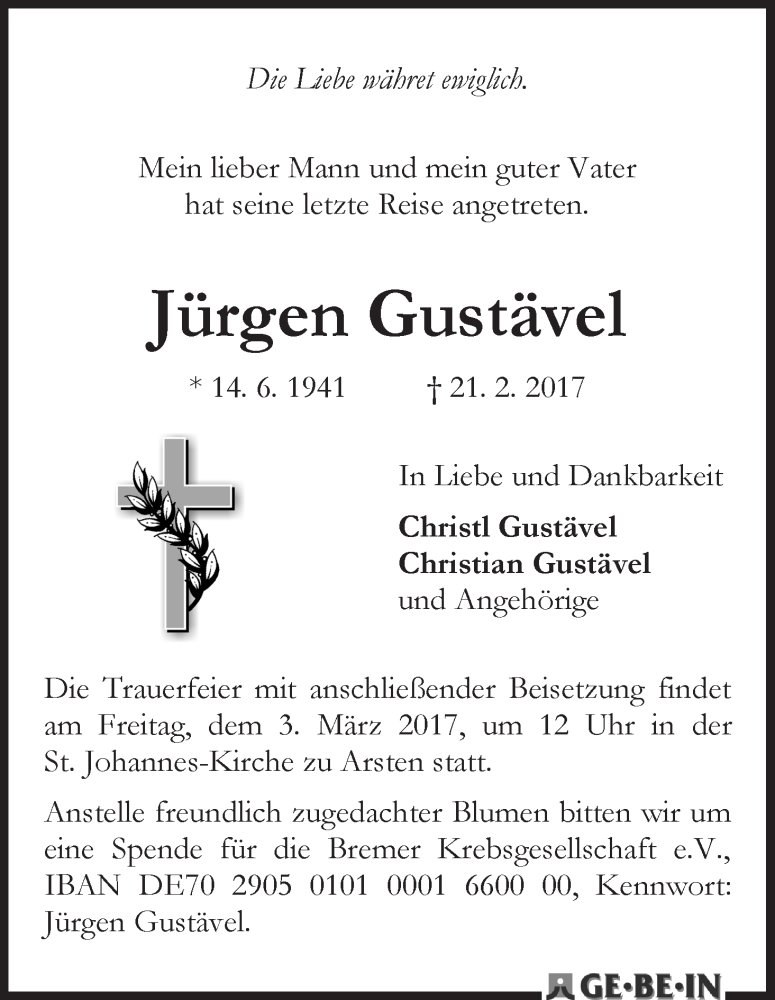 Traueranzeige von Jürgen Gustävel von WESER-KURIER