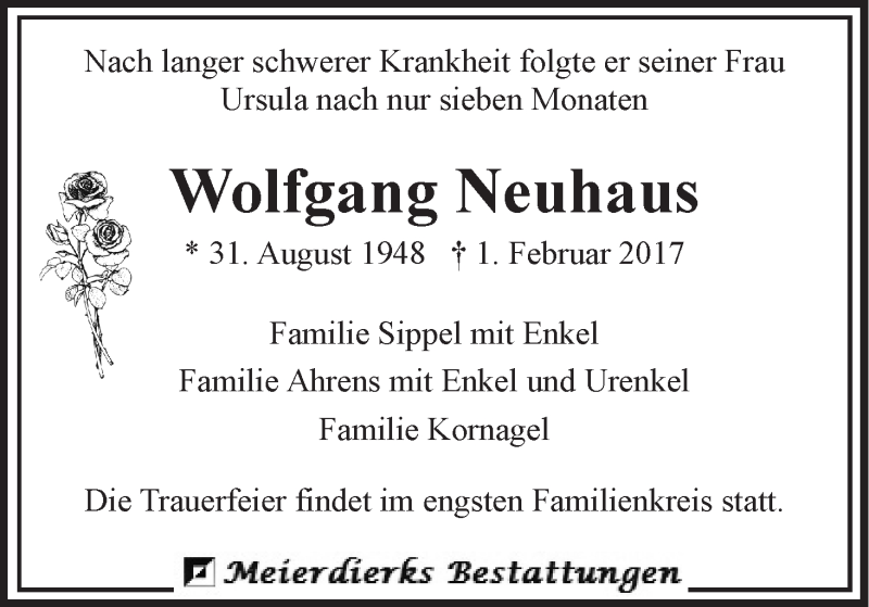  Traueranzeige für Wolfgang Neuhaus vom 03.02.2017 aus Wuemme Zeitung