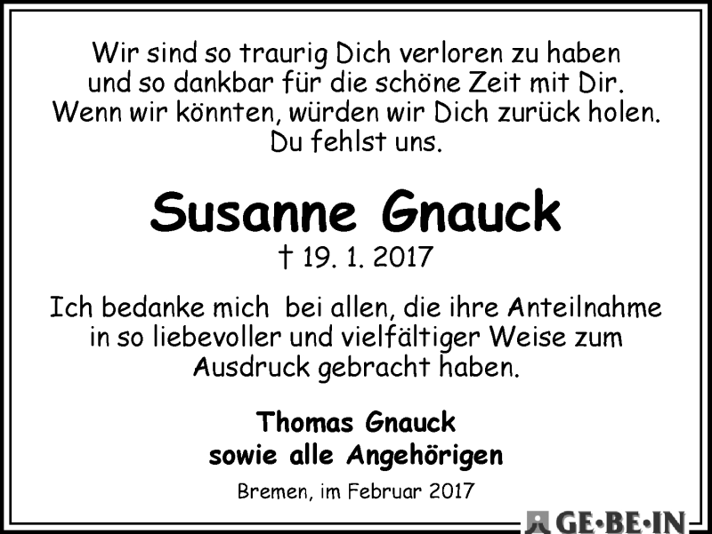 Traueranzeige von Susanne Gnauck von WESER-KURIER