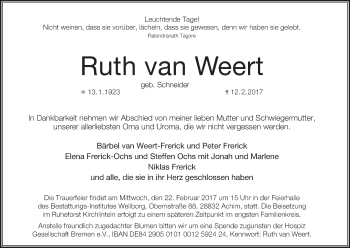 Traueranzeige von Ruth van Weert