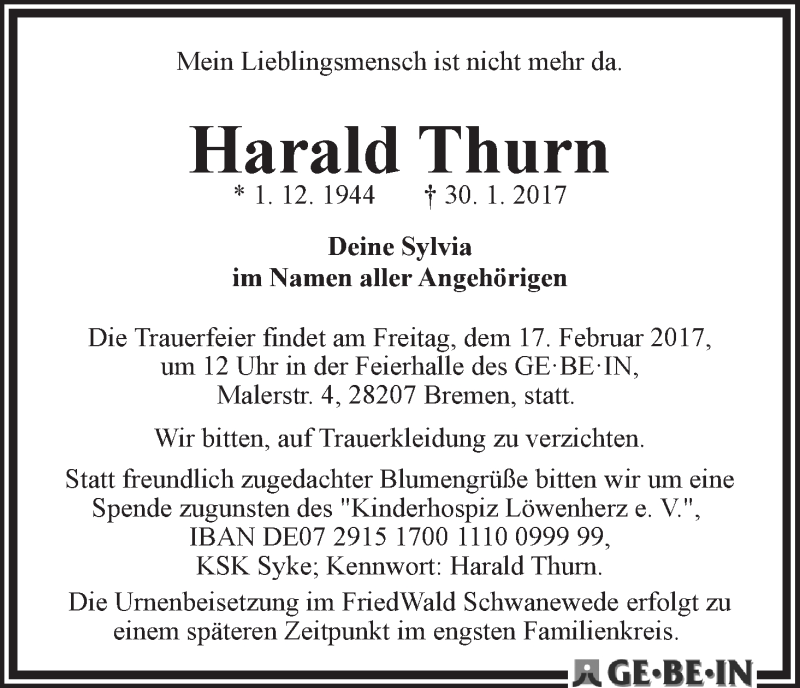  Traueranzeige für Harald Thurn vom 04.02.2017 aus WESER-KURIER