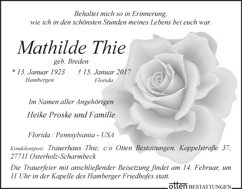 Traueranzeige von Mathilde Thie von Osterholzer Kreisblatt