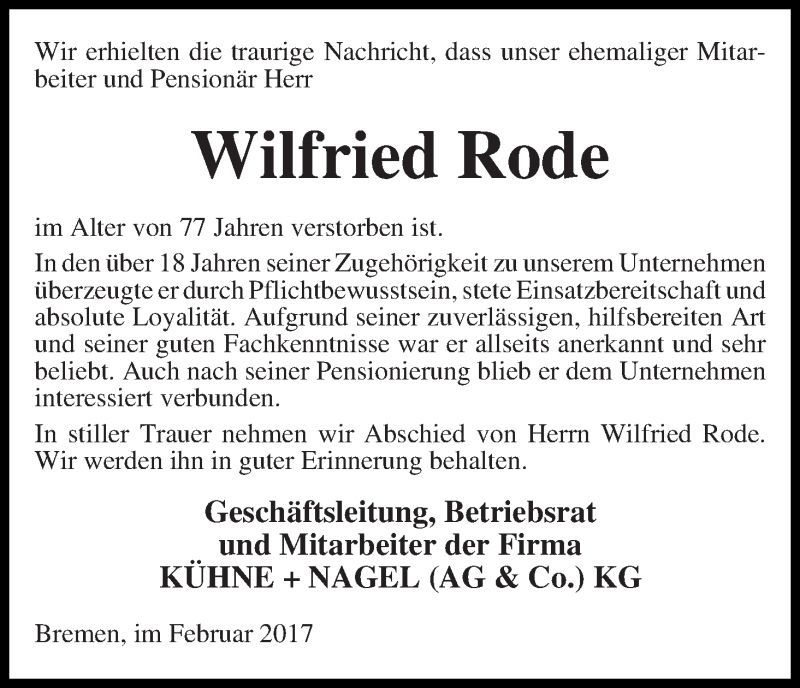  Traueranzeige für Wilfried Rode vom 04.02.2017 aus WESER-KURIER
