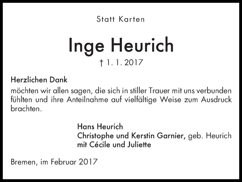 Traueranzeige von Inge Heurich von Die Norddeutsche