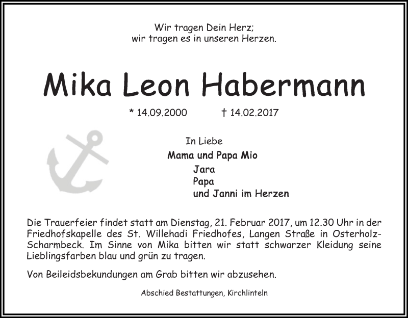  Traueranzeige für Mika Leon Habermann vom 18.02.2017 aus Osterholzer Kreisblatt