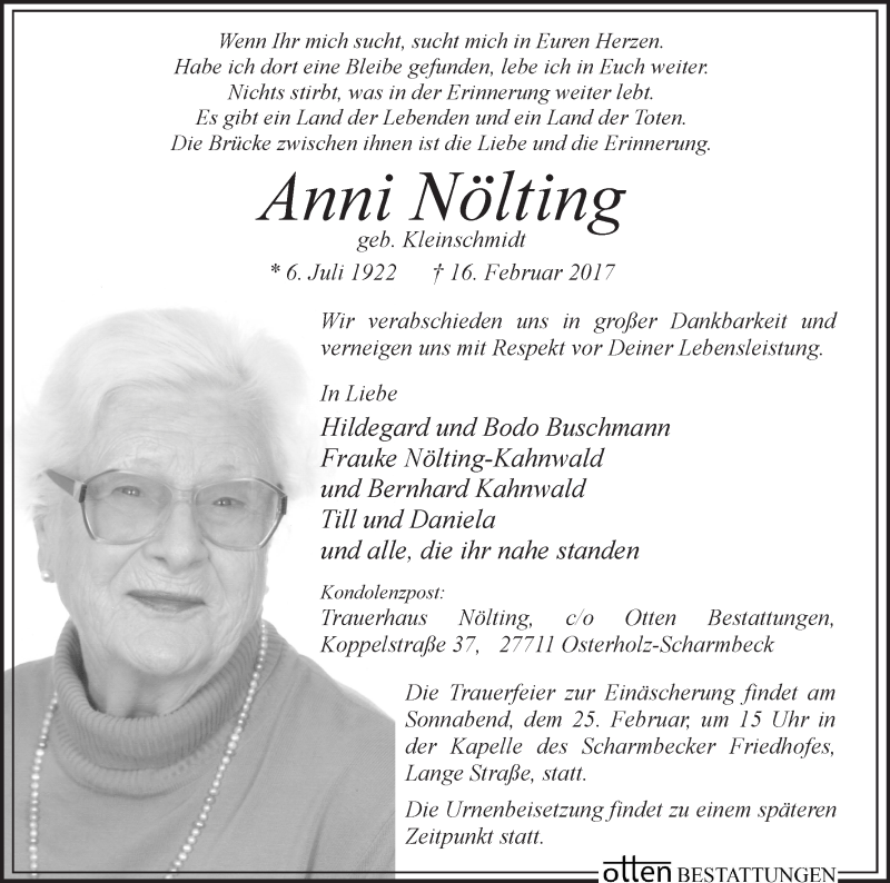 Traueranzeige von Anni Nölting von Osterholzer Kreisblatt