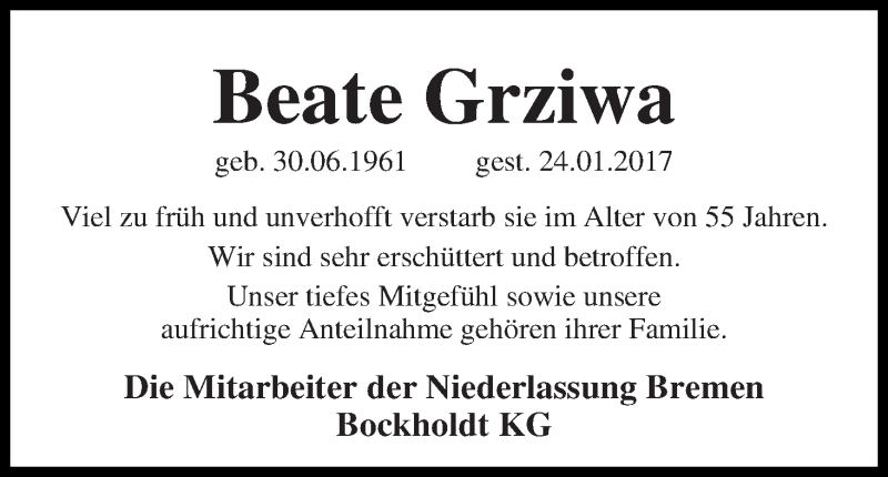 Traueranzeige von Beate Grziwa von Delmenhorster Kurier